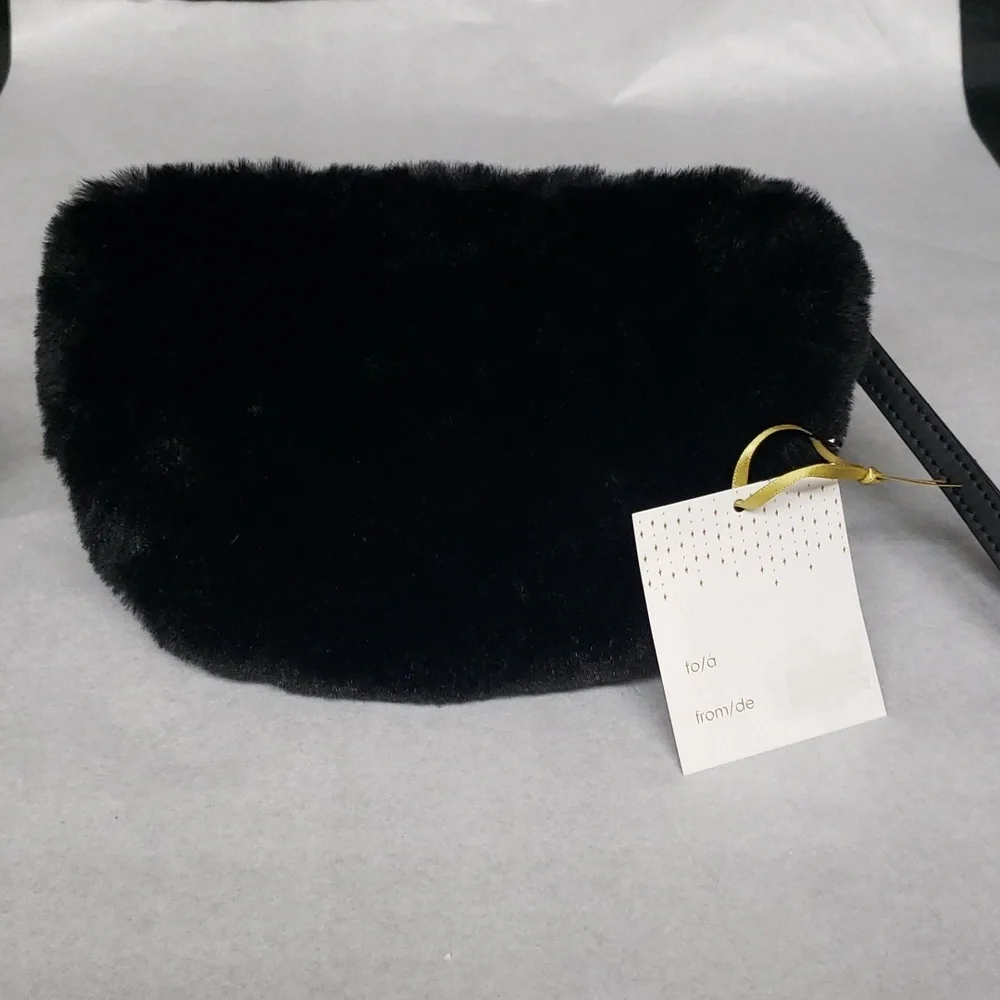 House of Harlow 1960 Black Faux Fur Wristlet with Shearling Trim Gloves, M/L